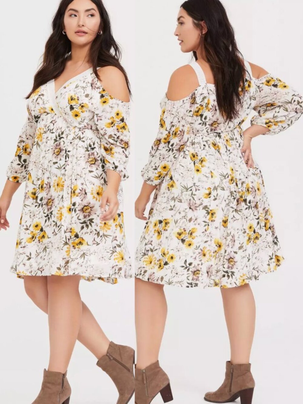 TORRID 2 Plus Size Ivory Floral Cold Shoulder Gauze Skater Dress White ? Boho 2X
